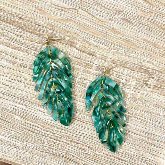 Tropical Leaf Green Tortoise Shell CZ Stone Drop Dangle Earrings - Picture 3 of 6